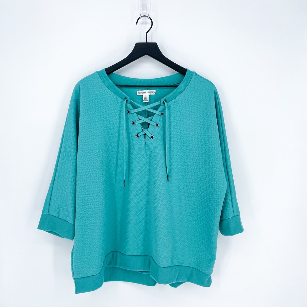 New York Laundry Lace Up 3/4 Sleeve Pullover Top Teal Blue XL